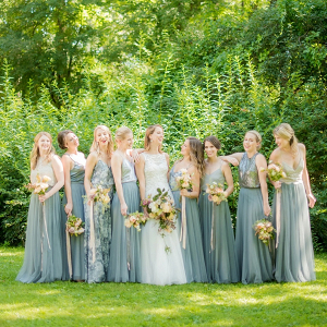 Bridesmaids in light teal tulle dresses