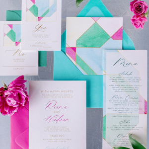 Modern stained glass inspired wedding invitations