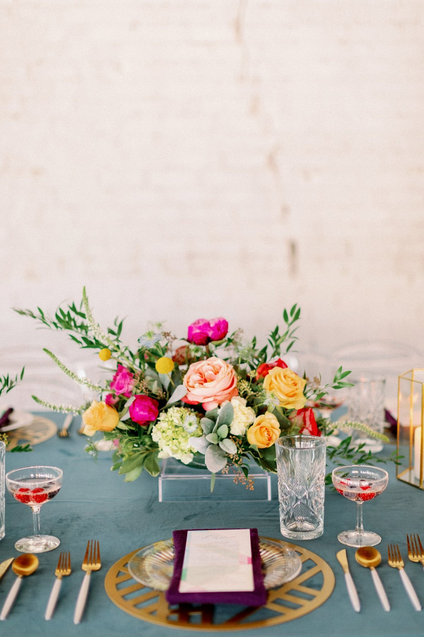 Colorful modern wedding tablescape