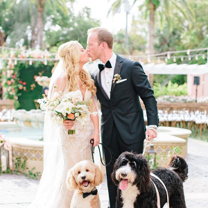 Elegant bride and groom with their dogs