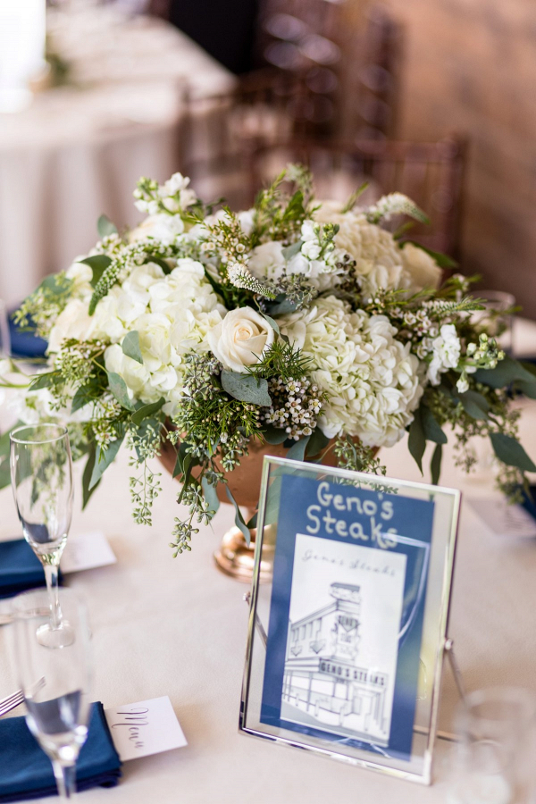 Classic wedding centerpiece with tables named after favorite places