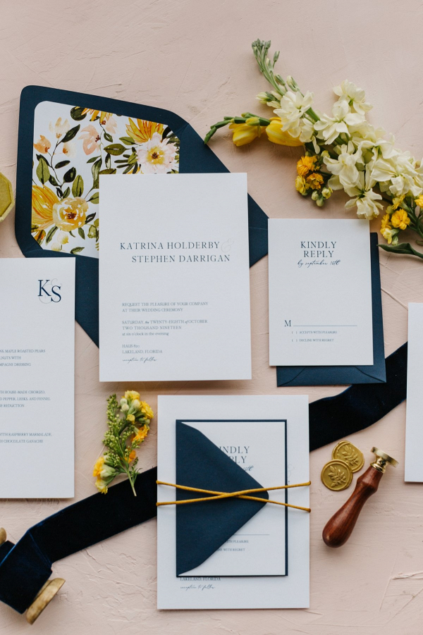 Modern wedding invitation with floral print liner