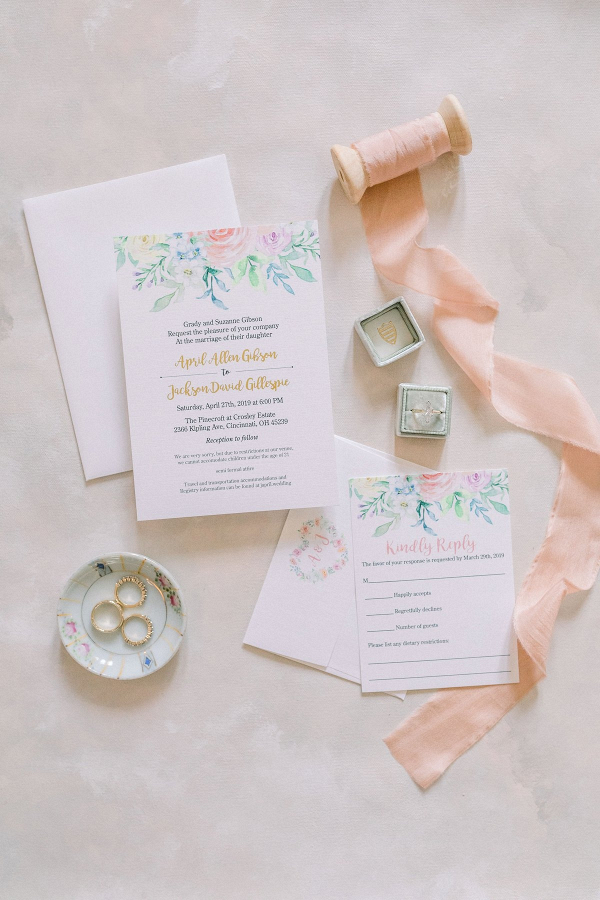 Floral painted wedding invitation suite