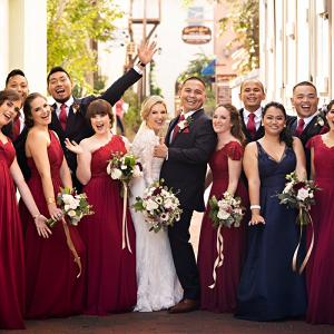 Wedding party in burgundy and navy