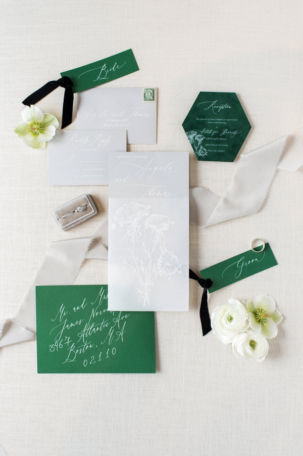 Green and light gray wedding invitation suite