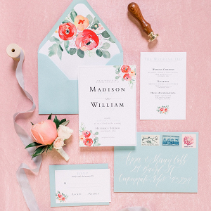Teal and coral floral wedding invitation