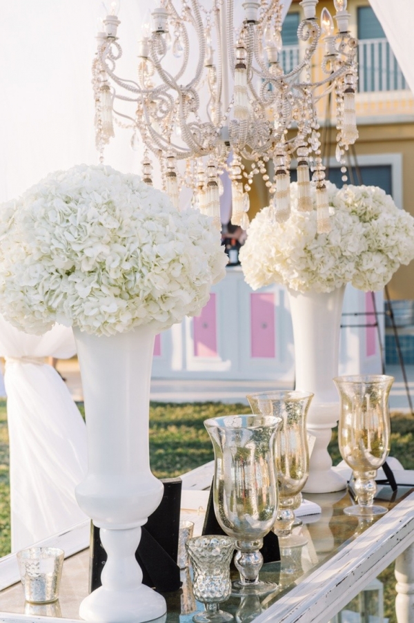 Hydrangea centerpieces and crystal chandelier