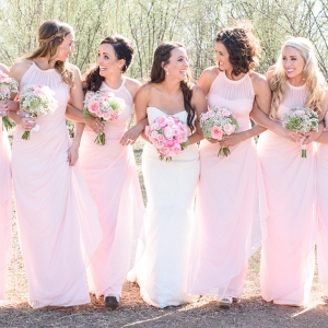 Bride with Bridesmaids in Long Pink Dresses
