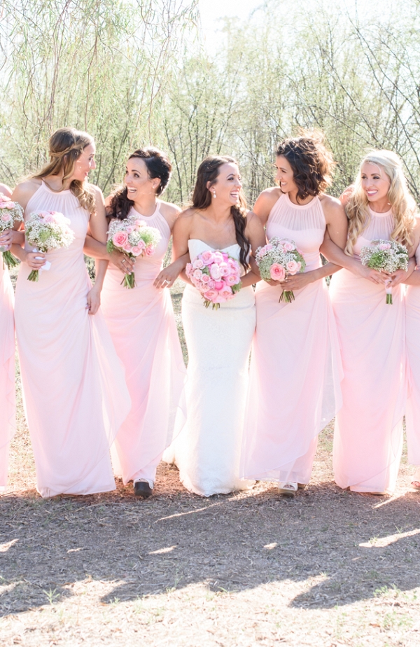Bride with Bridesmaids in Long Pink Dresses