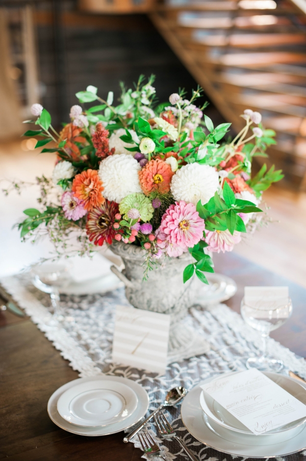 Colorful centerpiece and vintage table setup