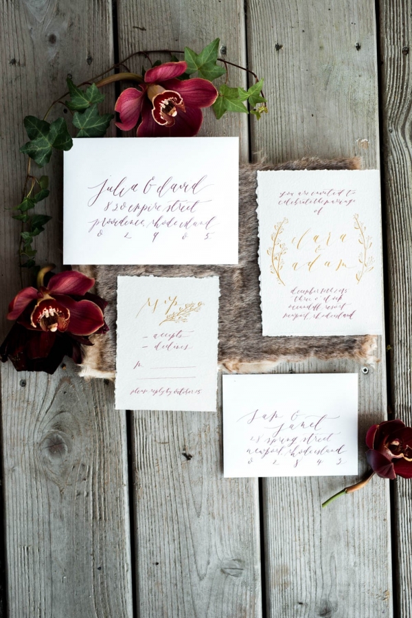 Merlot, gray, and gold invitation suite