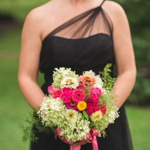 Black One Shoulder Dress With Colorful Bouquet