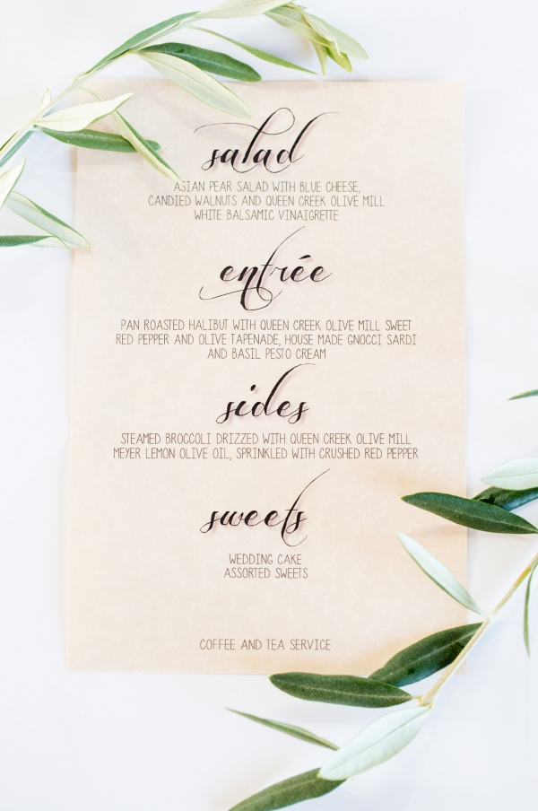 Olive mill wedding dinner menu