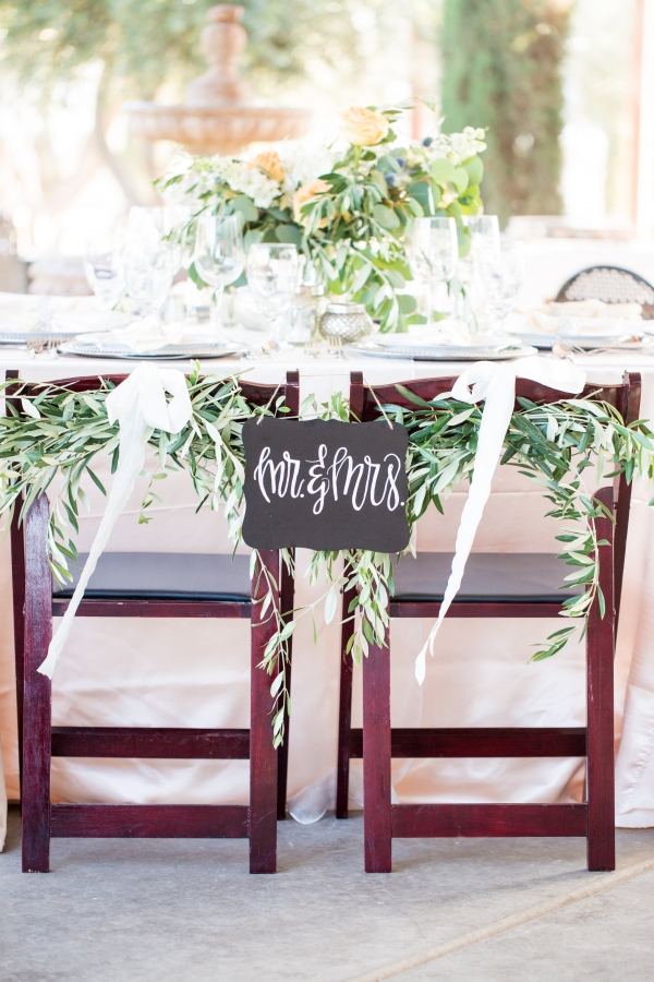 Mr. & Mrs. Chalkboard sign on wooden chairs