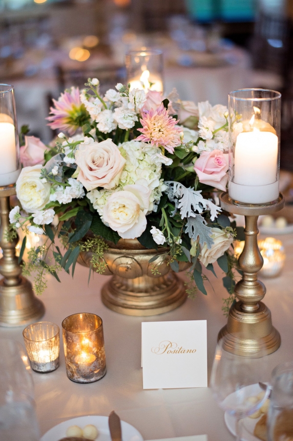 Blush, ivory and gold reception details