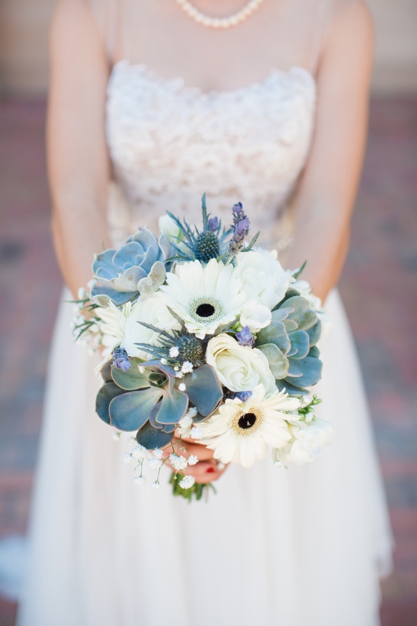 Succulent, Gerber Daisy, and lavender wedding bouquet