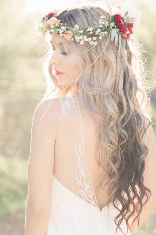 Bohemian with floral crown bride in desert