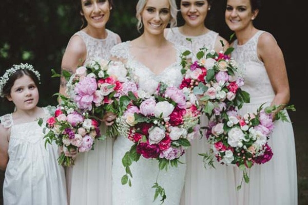 Bride & Bridesmaids With Pink Peony Bouquets