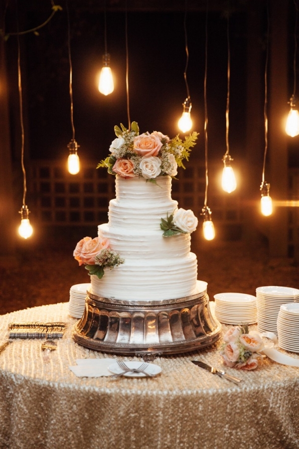 Cake table with hanging edison lights
