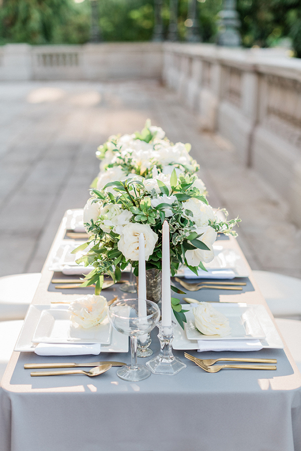 Classic gray and white wedding tablescape