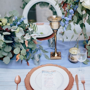 blue and copper table decor on Glamour & Grace