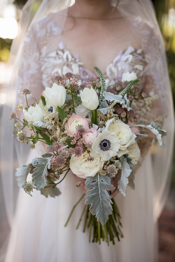 Bride in Hayley Paige gown with blush bouquet