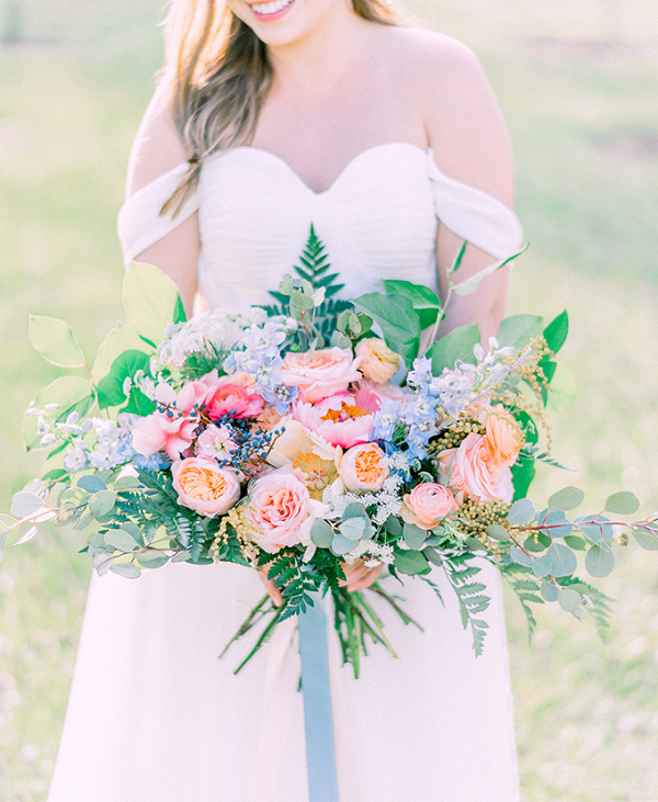 Pink, peach, and blue bridal bouquet