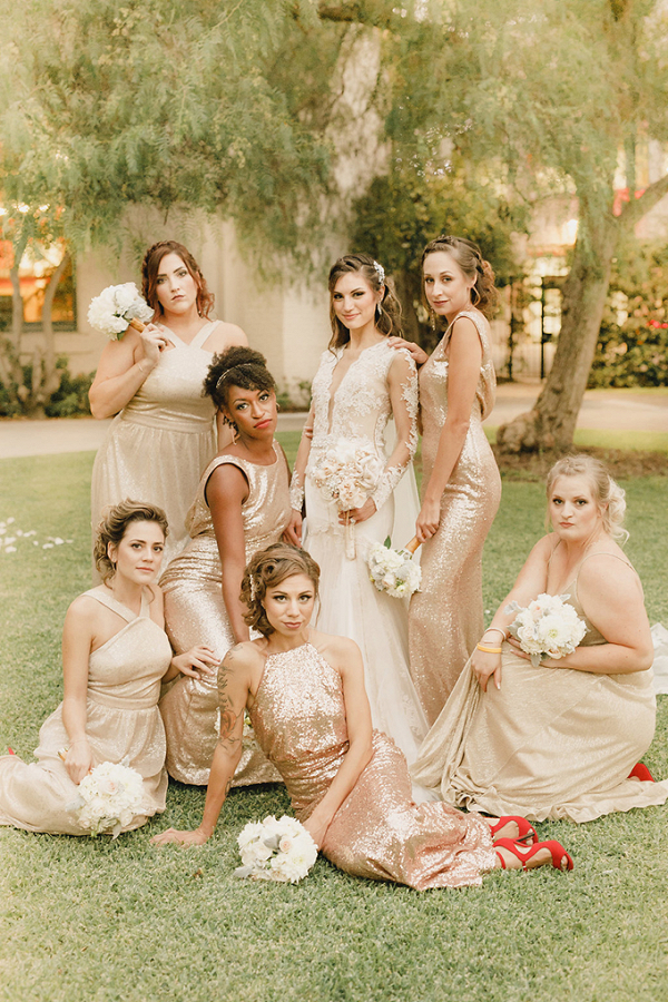 Bridesmaids in mismatched gold sequin bridesmaid dresses