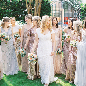 Bridesmaids in mismatched sequin metallic dresses