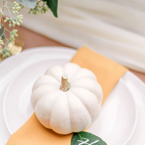 mini white pumpkin in a place setting with a hand written leaf place card holder