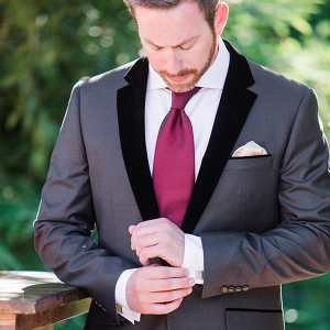 Luxe Charcoal and Garnet Groom's Attire