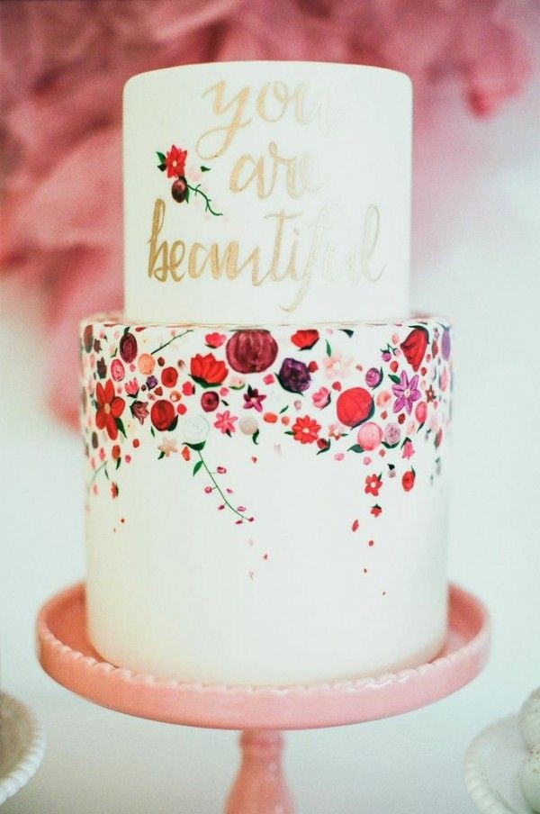 Colorful Floral Print Cake with Gold Calligraphy