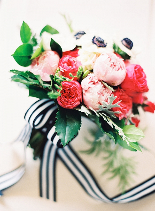 Stunning Blush and Bright Pink Bouquet with Black and White Striped Ribbons