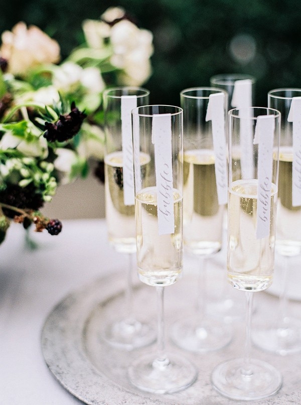 Modern Champagne Flutes with Calligraphy Escort Cards