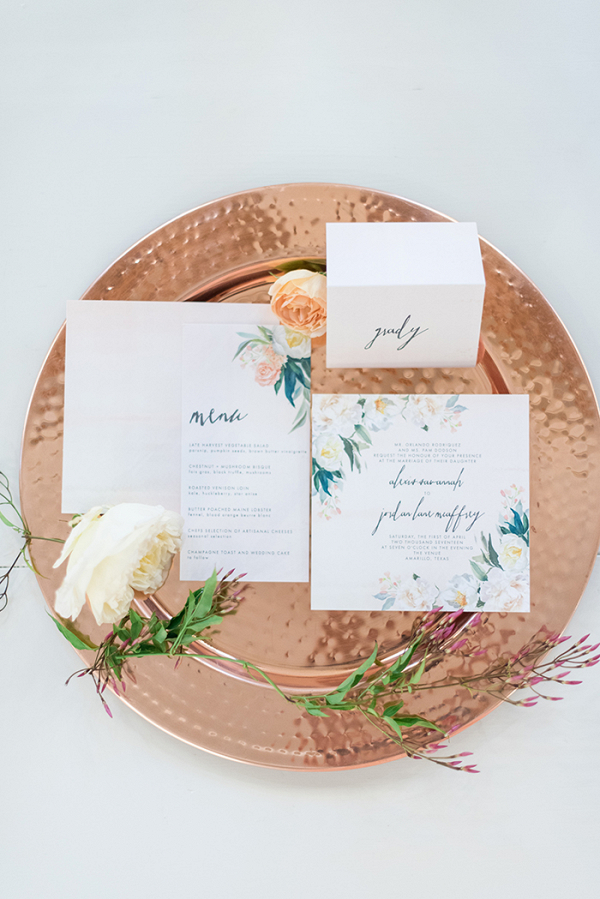 Floral Print Wedding Invitations on a Copper Tray