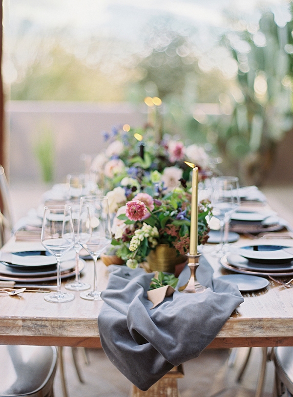 Farm Table with Colorful Flowers and Metallic Decor