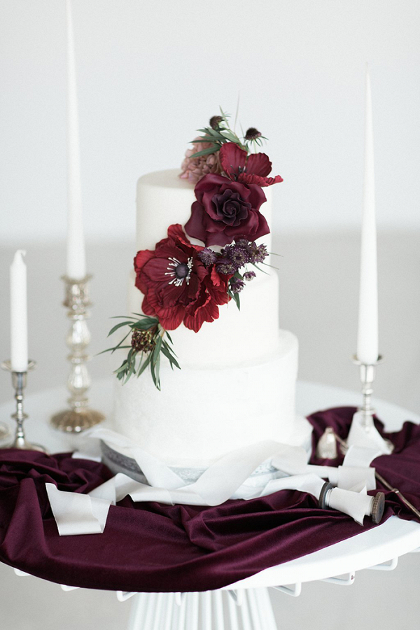Sugar Flower Adorned Cake with Burgundy Roses