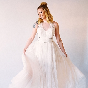 Pleated Chiffon Wedding Dress with Metal Studs and Rose Tattoos