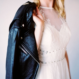 Leather Jacket with a Studded Lace Wedding Dress