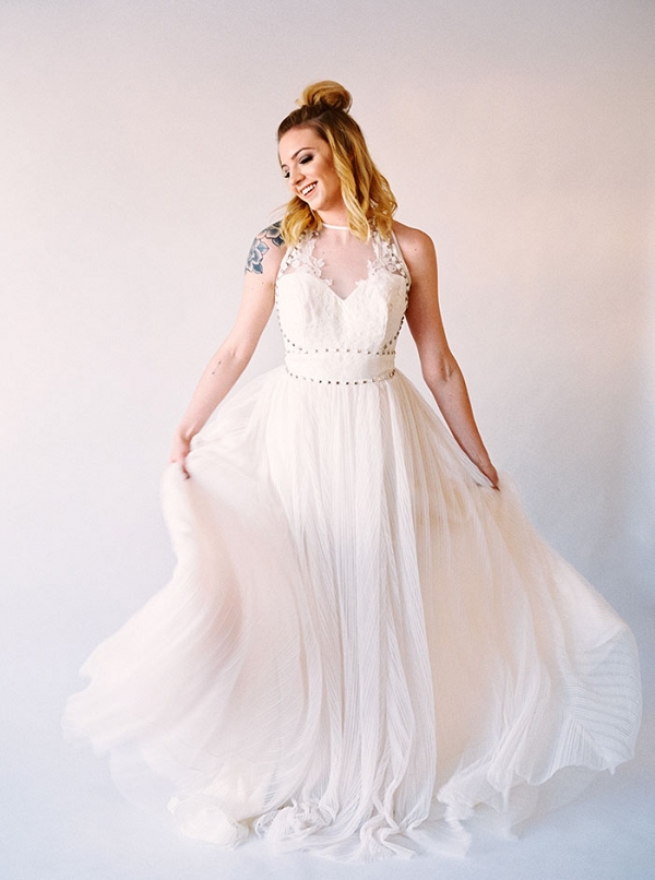 Pleated Chiffon Wedding Dress with Metal Studs and Rose Tattoos