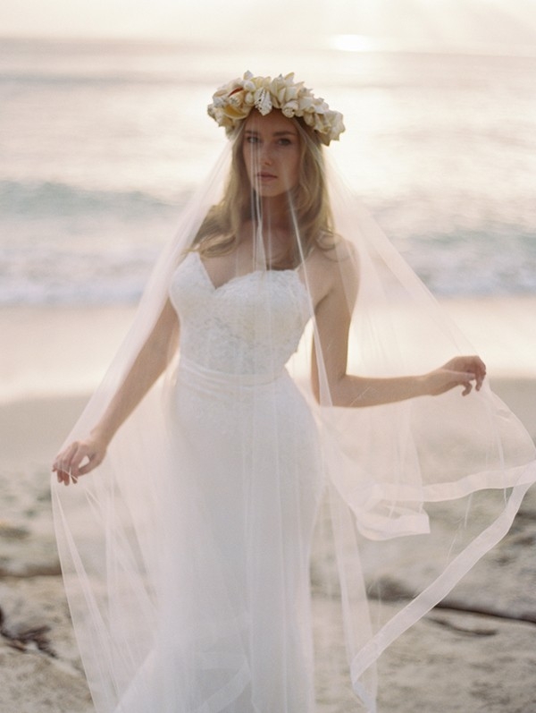 Romantic Beach Bride with a Veil and Shell Crown