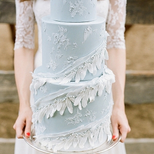 Tiered Wedding Cake with Sugar Feathers and Lace