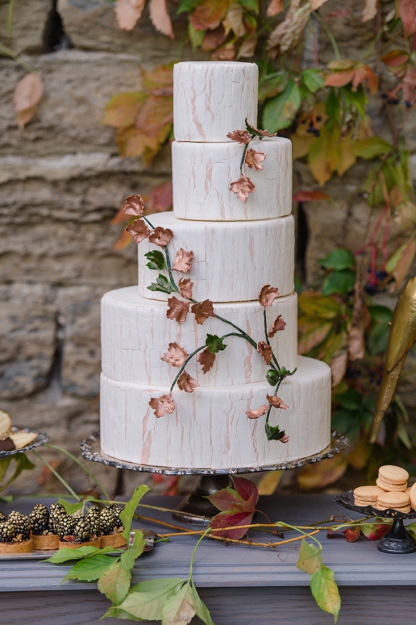 Off Set Wedding Cake with Metallic Leaves