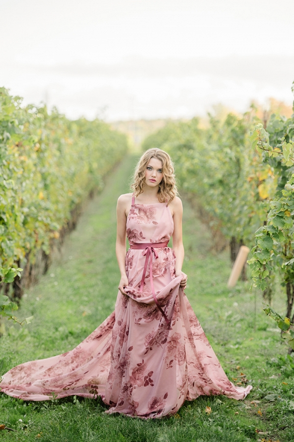 Winery Wedding Shoot with a Floral Print Dress
