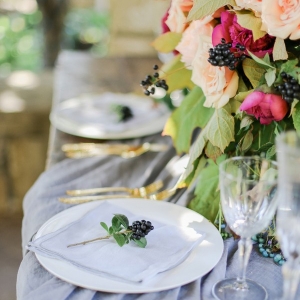 Farm Table Set with Garden Flowers and Gold Place Settings
