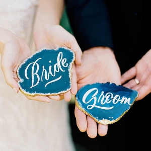 Hand Lettered Agate Escort Cards for the Bride and Groom