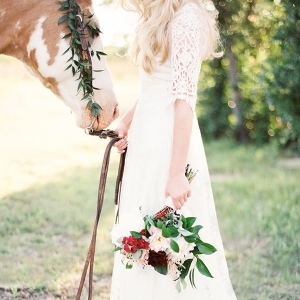 Stunning Country Bride in a Lace Wedding Dress with a Horse