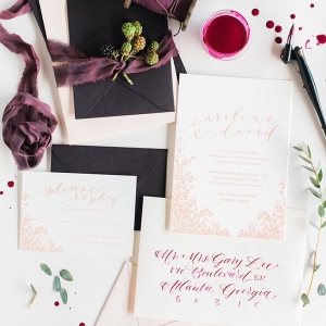 Hand Lettered Wedding Invitation Suite in Burgundy and Rose Gold