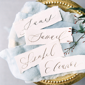 Hand Lettered Place Cards on a Vintage Gold Tray