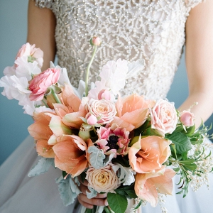 Crystal Wedding Dress with a Pastel Spring Bouquet